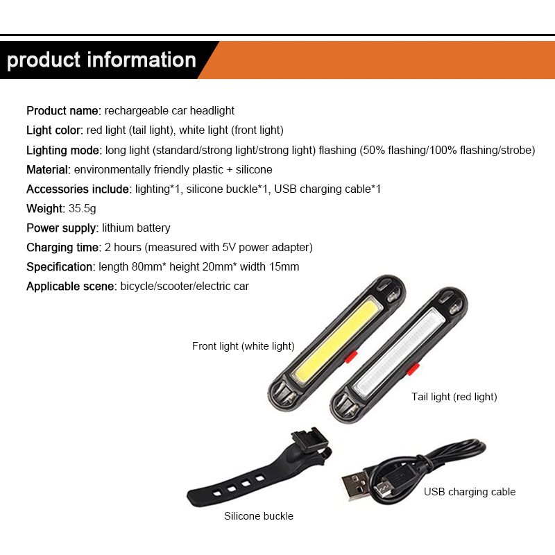 Bicycle Cycling USB Rechargeable Front Rear Light Bike COB Warning Light Monochrome Double Color