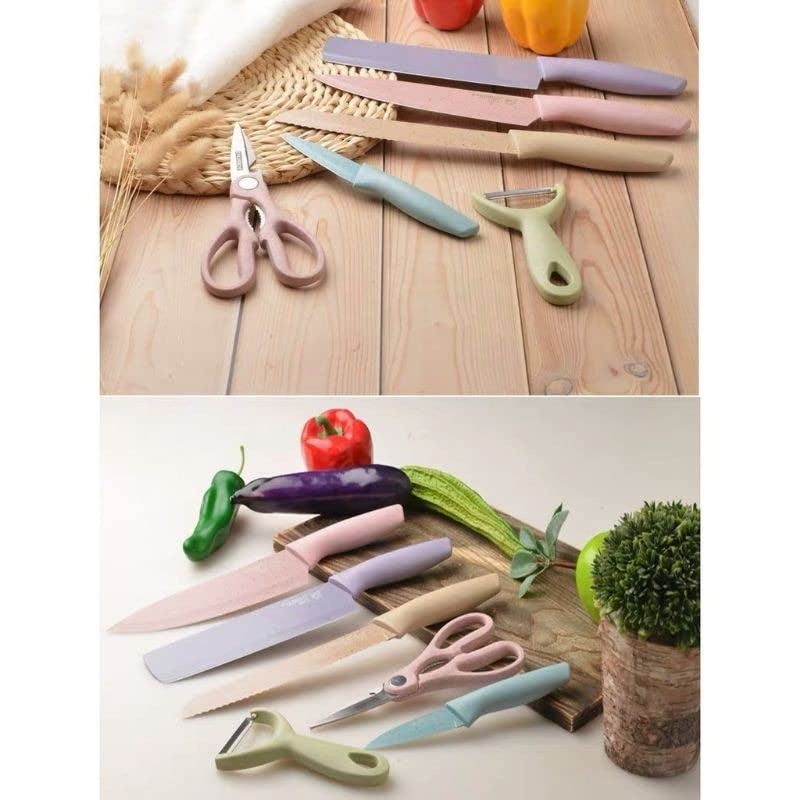 Knife Set 6 PCS Pastel Colors Stainless Steel Chef Knife Bread Knife Cleaver Scissors
