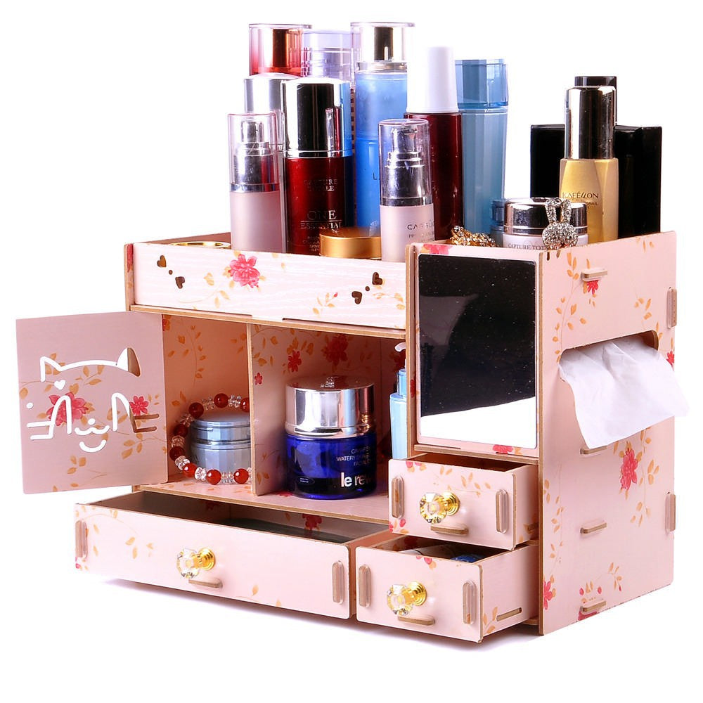Multifunctional Desktop Storage Box Wooden Makeup Organizer Case with Mirror Multi Drawers