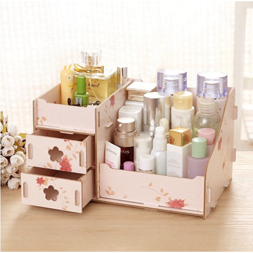 Multifunctional Desktop Storage Box Wooden Makeup Organizer Case with Mirror Multi Drawers