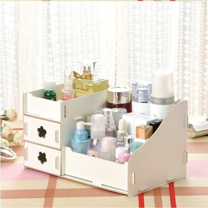 Multifunctional Desktop Storage Box Wooden Makeup Organizer Case with Mirror Multi Drawers