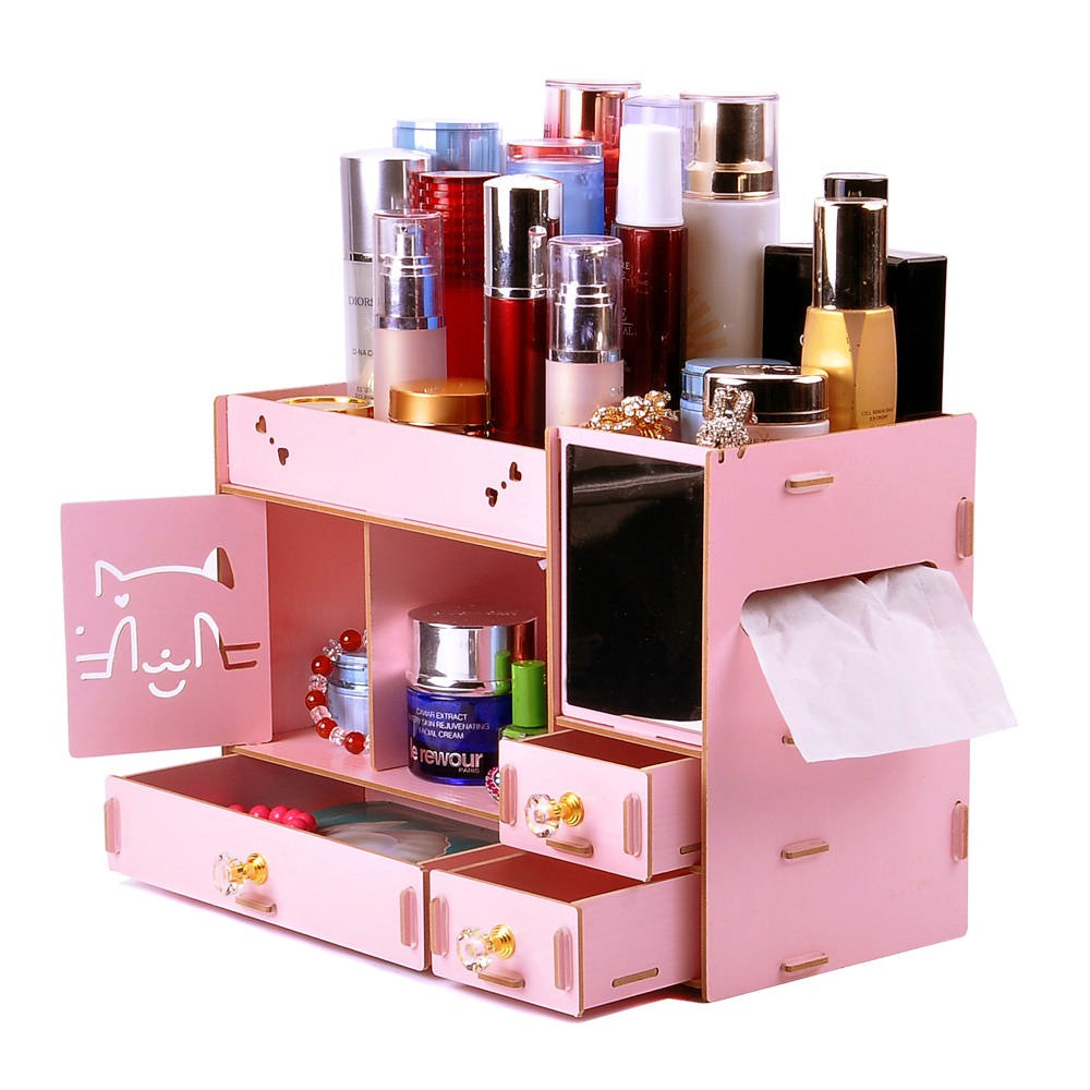 Multifunctional Desktop Storage Box Wooden Makeup Organizer Case with Mirror Multi Drawers